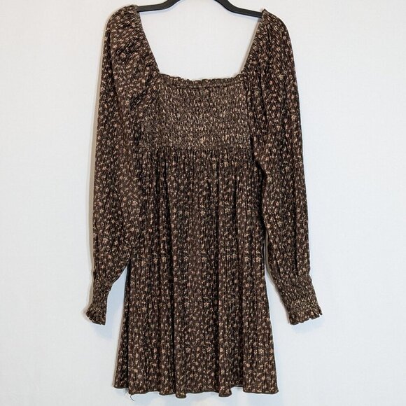 JACQUIE THE LABEL Brown Floral Smocked Corduroy Long Sleeve Short Dress; Size L - Picture 2 of 6